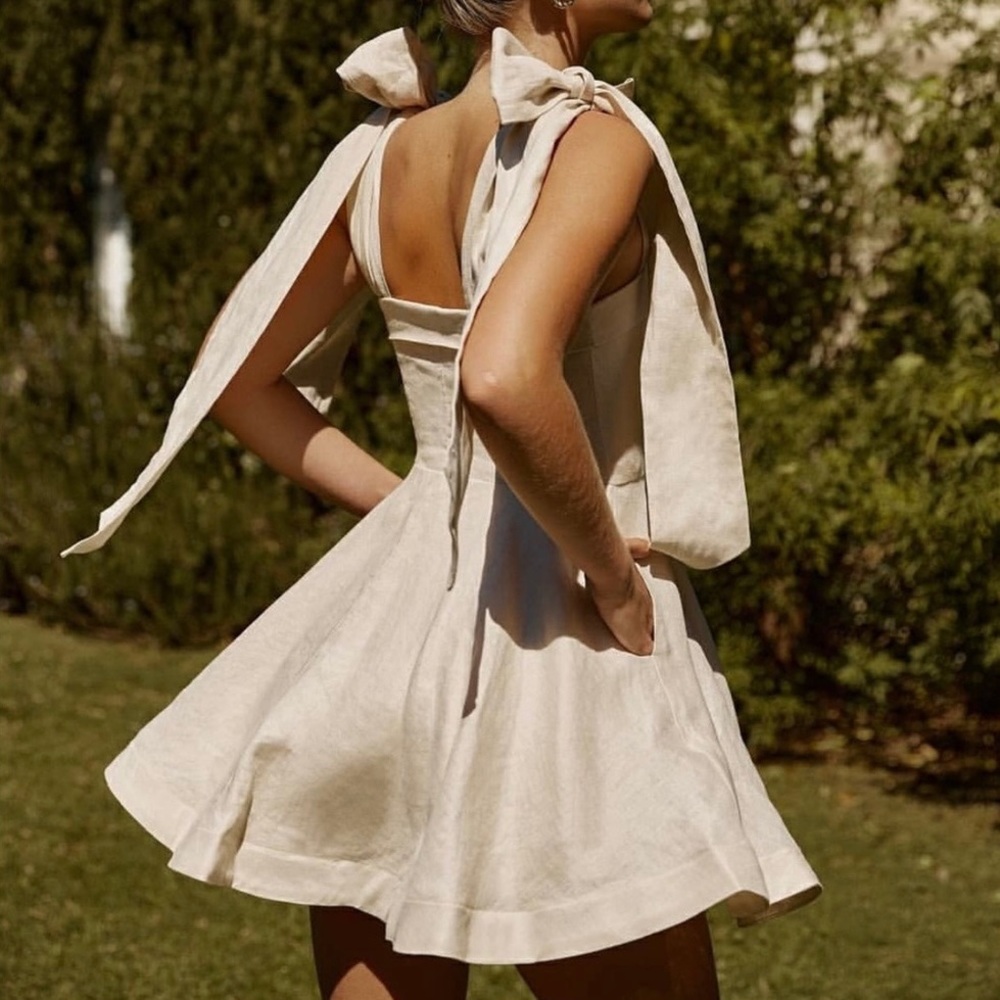 Dissh Aisle Pearl Bow Linen Dress - Picture 5 of 12